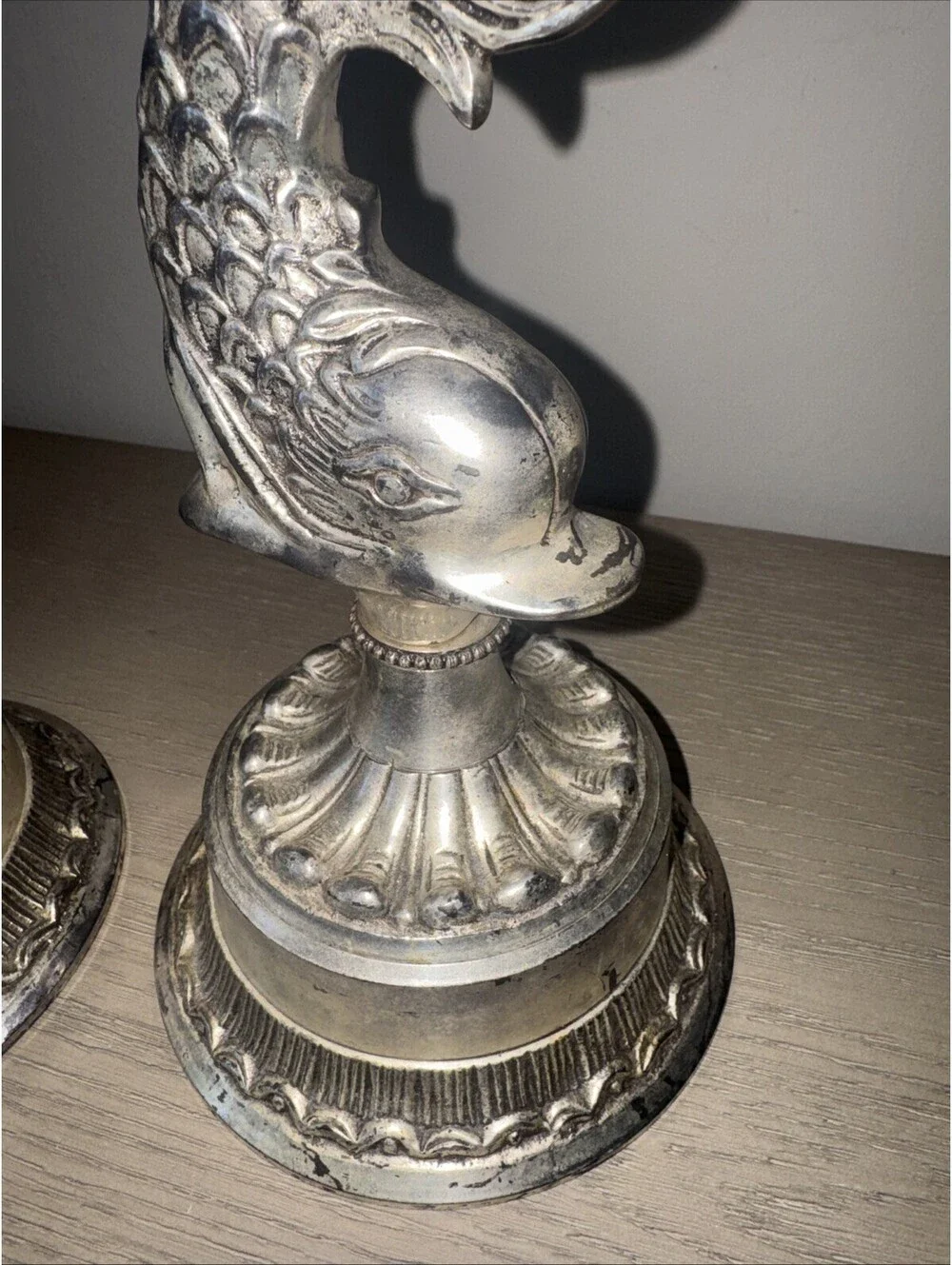Hollywood Regency Style Silver Plated Dolphin Koi Fish Tall Candle Holders 16 in